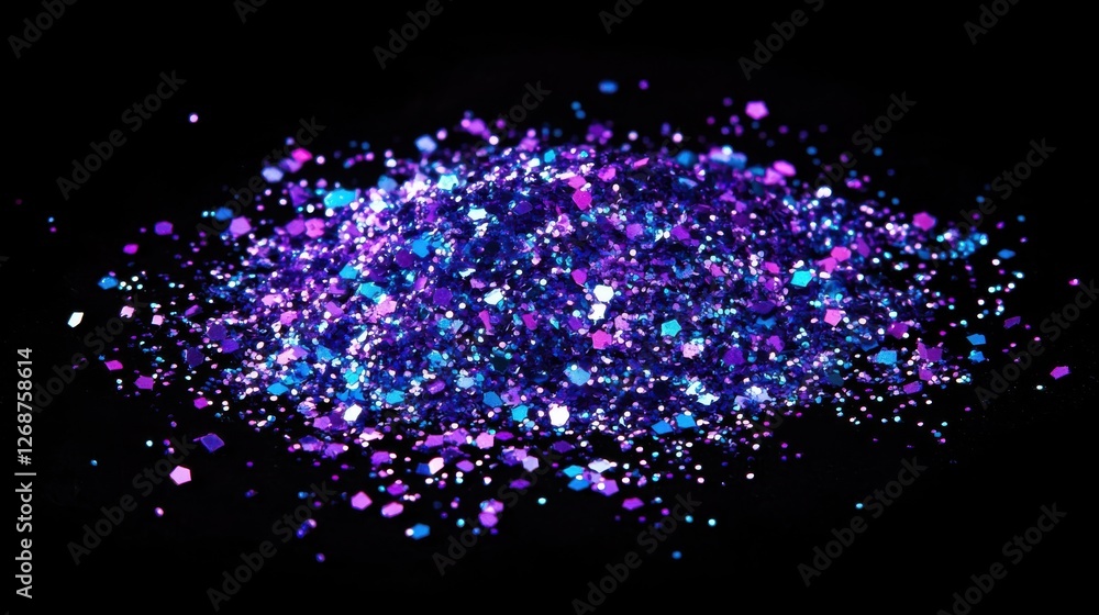 Poster violet and bright cyan sparkles create a vibrant display of color against a dark background