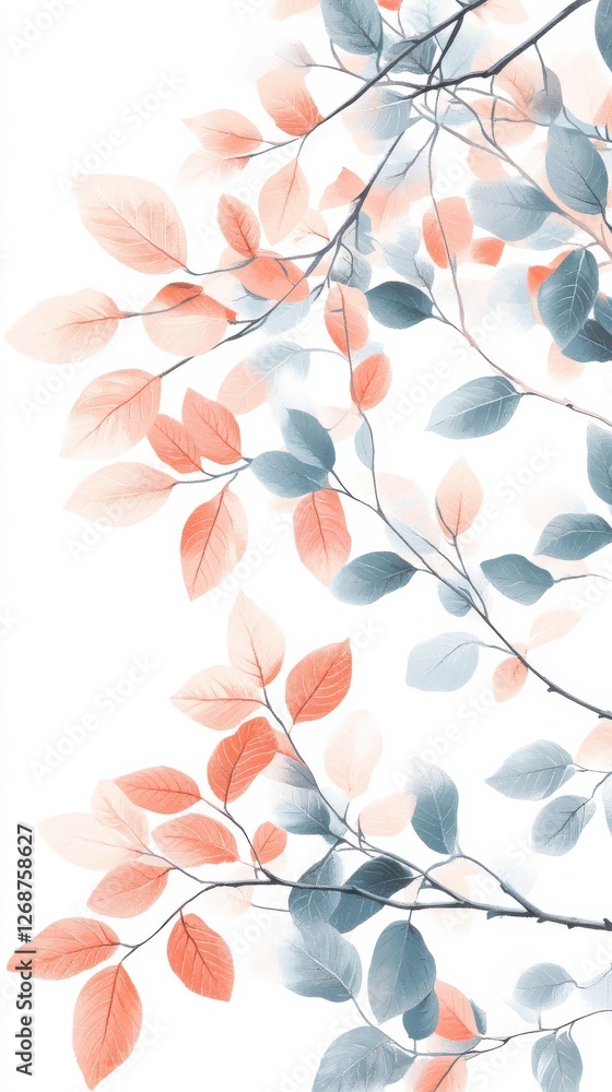 Poster pastel-toned branches featuring peach and powder leaves create a serene atmosphere in a tranquil set