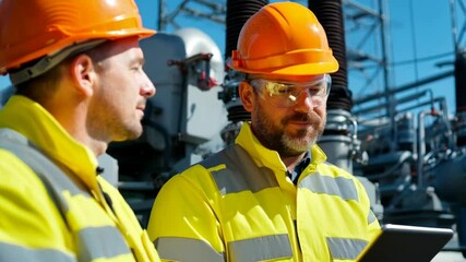 Two engineers in bright yellow safety vests and orange hard hats discuss work details outdoors against a backdrop of industrial equipment on a sunny