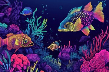 Fototapeta premium Colorful fish swim around vibrant coral reef in deep ocean