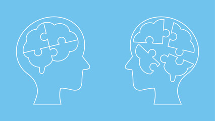 Linear illustration of two heads with puzzle pieces inside. One of them has a completed puzzle in the shape of a brain, the other has the pieces in disarray and out of place.