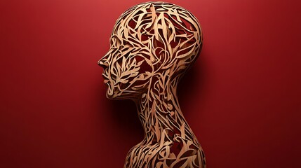 Obraz premium A layered wooden human cutout with intricate overlapping designs, displayed on a deep red background.