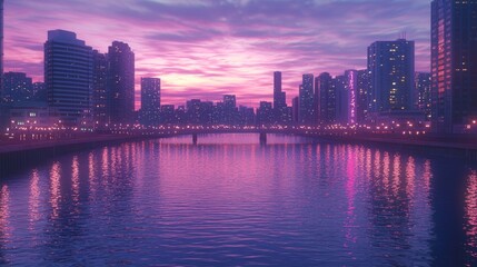 Fototapeta premium Vibrant City Reflection at Dusk Over a Bustling River Scene