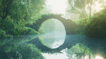 Serene Rural Pond with Reflective Stone Arch and Lush Surroundings