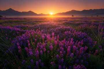 A vibrant field of lavender flowers stretches towards a sunrise, with distant mountains silhouetted against a colorful sky.