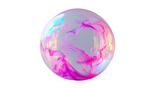Soap bubble with colorful swirls on transparent background