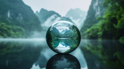 Serene Landscape Captured Within a Glass Orb on Reflective Surface