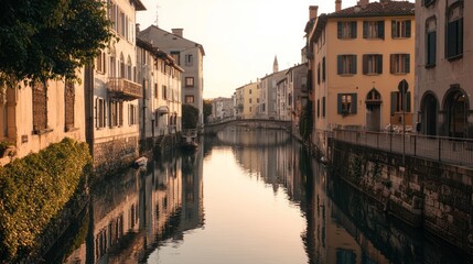 Naklejka premium Serene Evening Reflection in a Historic Canal with Charming Houses