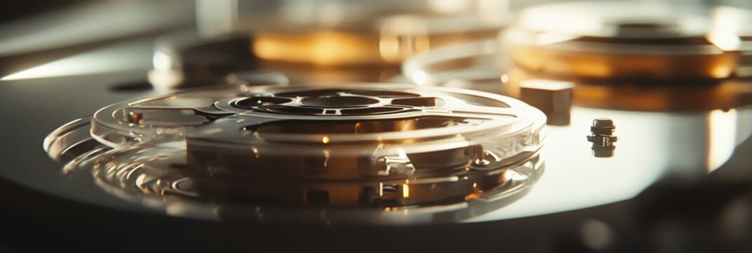 Close up of vintage film reels and magnetic tape with an elegant background providing ample space for text overlay. Generative AI