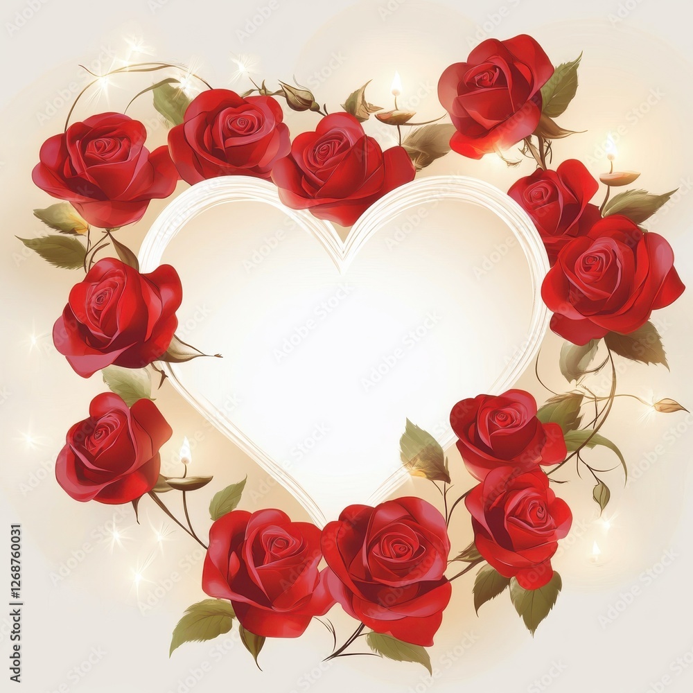 Poster romantic border design featuring red roses and delicate candles in a heart shape