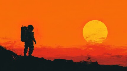 Fototapeta premium Astronaut standing on a desolate planet watches a massive sun