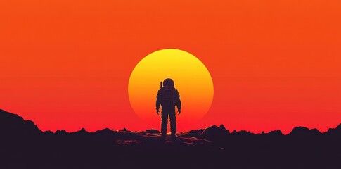 Lone astronaut stands on martian surface facing the sunset