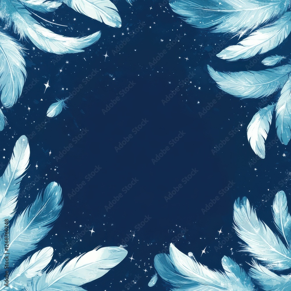 Aufkleber Floating feathers create a delicate border against a deep blue backdrop filled with tiny sparkling stars