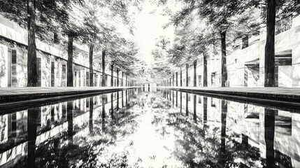 High Contrast Black and White Reflection of Trees and Architecture