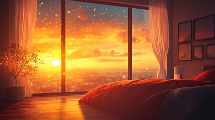 Bedroom at sunrise features a panoramic view and cozy bed