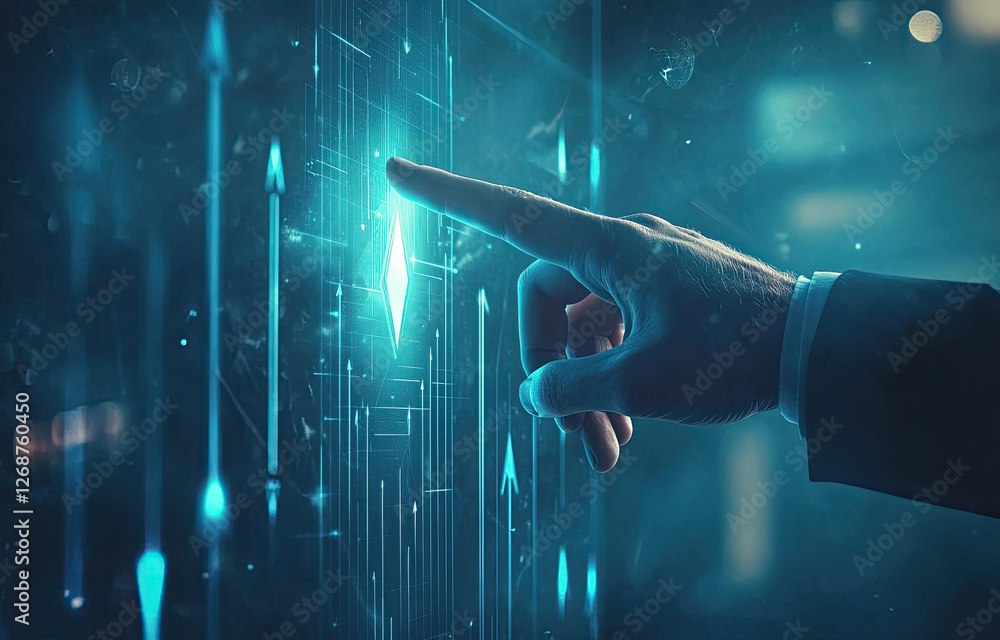 Poster a hand interacts with a futuristic technological interface displaying glowing blue lines and arrows 
