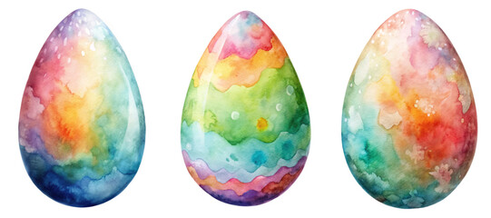 Colorful watercolor eggs, vibrant pastel hues, artistic design, spring celebration, Easter decorations, festive artwork.