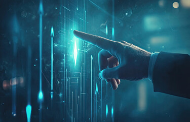 A hand interacts with a futuristic technological interface displaying glowing blue lines and arrows indicating technological advancement and innovation