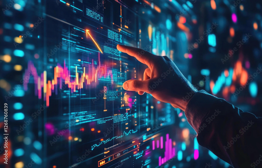 Poster a hand interacts with a vibrant digital display showing dynamic financial data and market trends