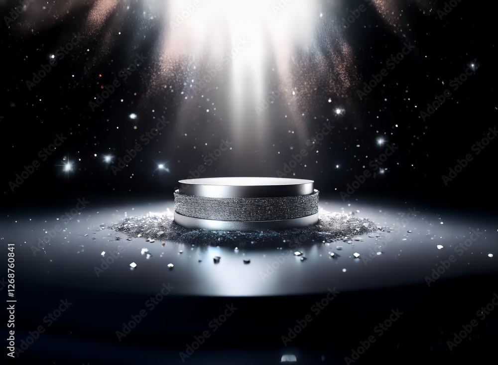 Poster circular podium intensely lit by spotlights in a dark cosmic scene. particles disperse around the ba