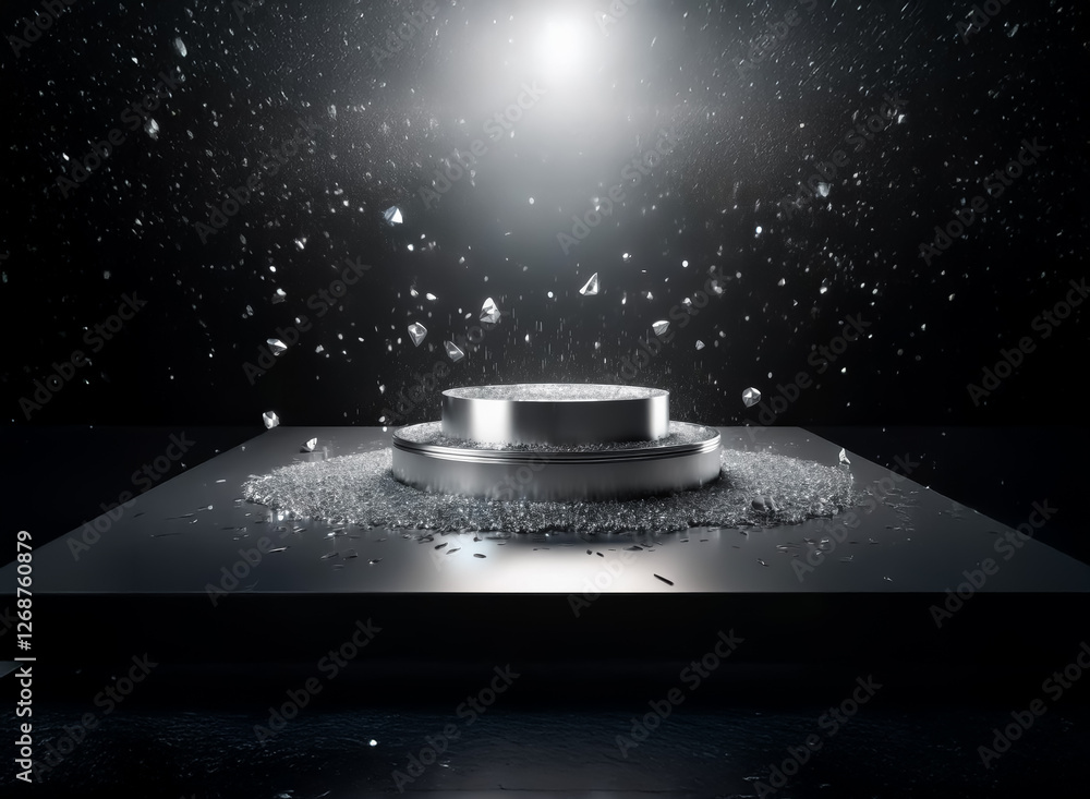 Poster a polished metallic platform is illuminated by a bright spotlight in a dark, cosmic space. scattered