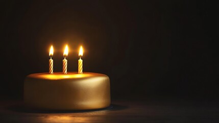 A magnificent gold birthday cake featuring three sleek candles, centered on a solid background with ample space for text.