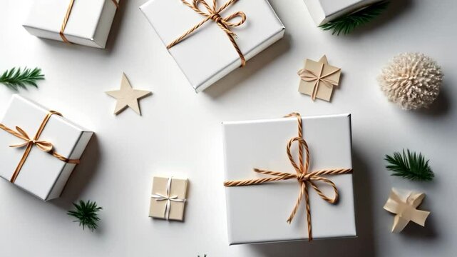 Decorative gift boxes, festive mood, arranged with stars and greenery on a white background, copy space