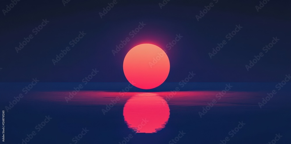 Poster red sphere glows over water creating a mirrored reflection