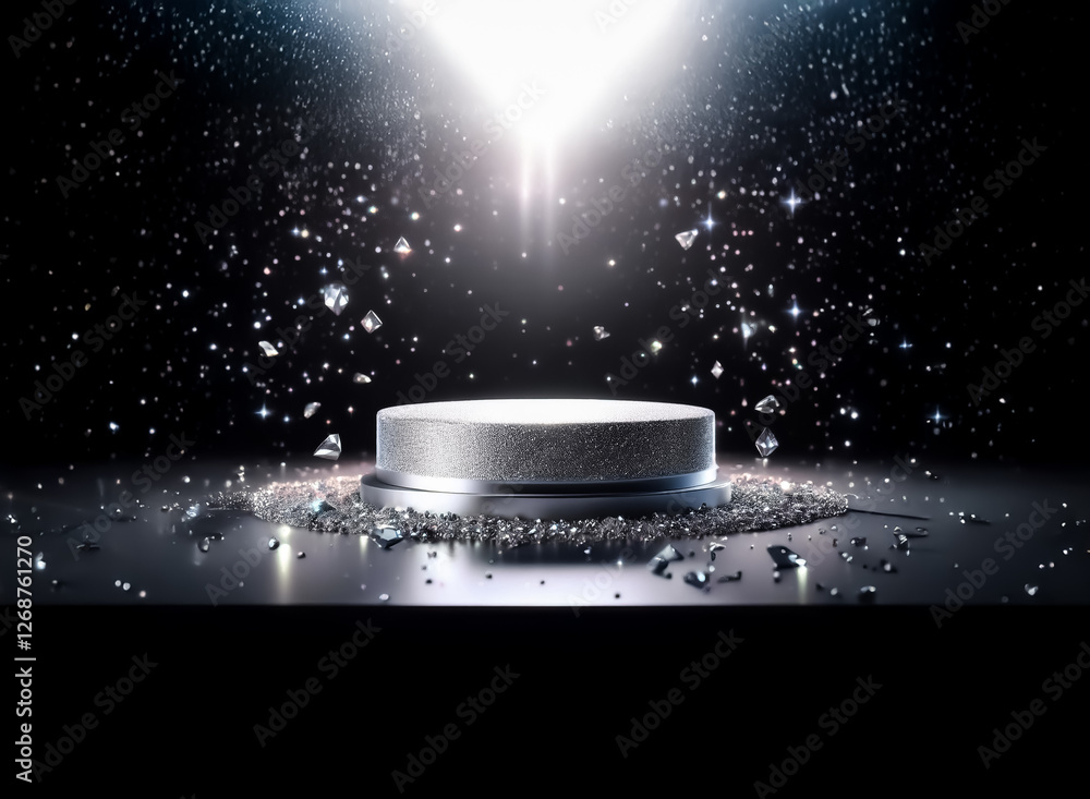 Poster a gleaming silver platform stands in a dark, cosmic space, illuminated by a bright spotlight. sparkl