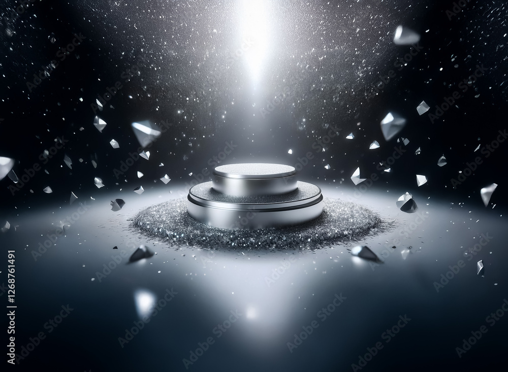 Poster a futuristic silver platform stands illuminated by a bright light from above. scattered rocks surrou