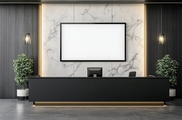 White marble wall mockup with a blank screen on a reception desk in a modern office interior. Front view of a digital display hanging above a black wooden counter, front perspective