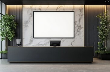 White marble wall mockup with a blank screen on a reception desk in a modern office interior. Front view of a digital display hanging above a black wooden counter, front perspective