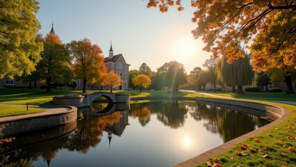 Fototapeta premium College tour, Stone bridge lake reflecting trees sunlit campus clear skies photorealistic.