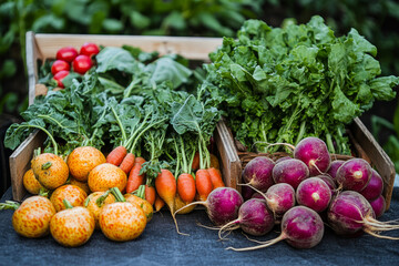 Fresh organic root vegetables displayed in wooden crates at a farmers market, showcasing vibrant colors and natural textures.
