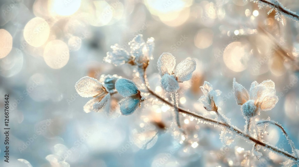Poster cool-toned bokeh lights creating an enchanting icy blue atmosphere with soft floral details in winte
