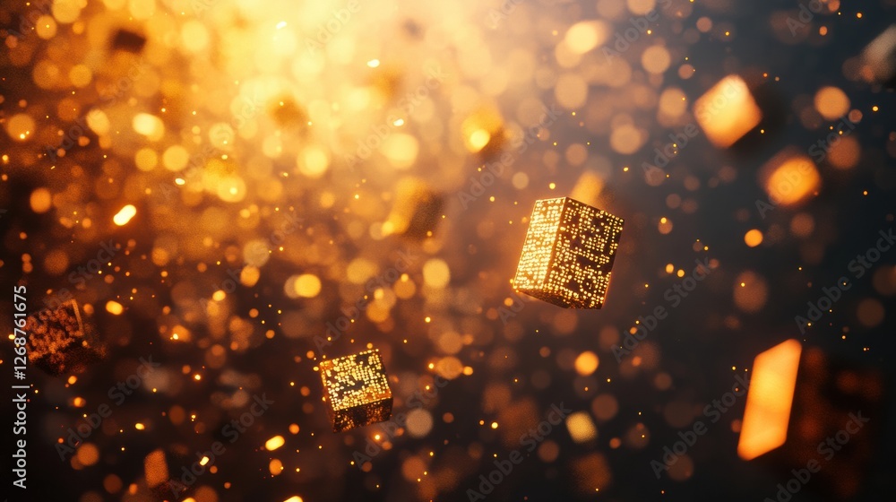 Poster captivating golden cubes floating in a shimmering background of light particles and bokeh effects. g