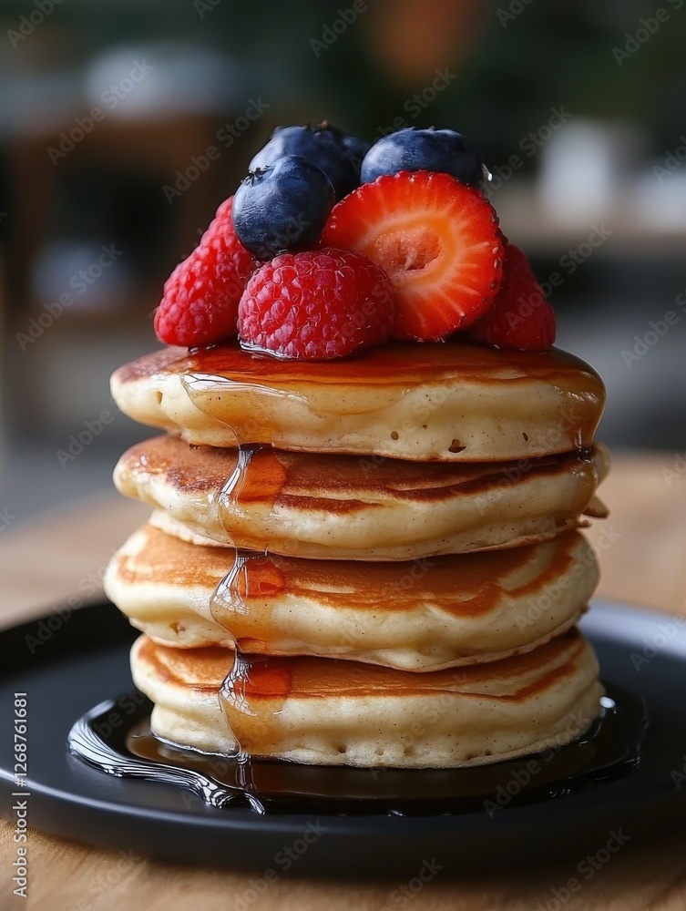 Poster stack of fluffy pancakes drizzled with syrup and topped with fresh berries ready for breakfast