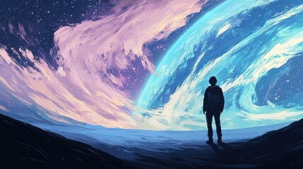 Silhouette observes giant planet and nebula from alien world