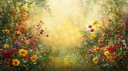 Fototapeta premium Vibrant Floral Garden Painting Blooming Flowers Summer Meadow Artistic Botanical Illustration