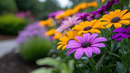 Obraz premium A close-up view of a vibrant flower bed, featuring a variety of colorful flowers in shades of purple, yellow, and orange.