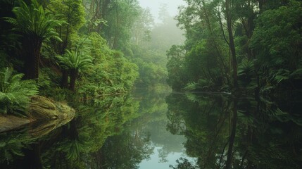 Obraz premium Serene Misty Forest Reflection Over Still Waters in Nature Scene