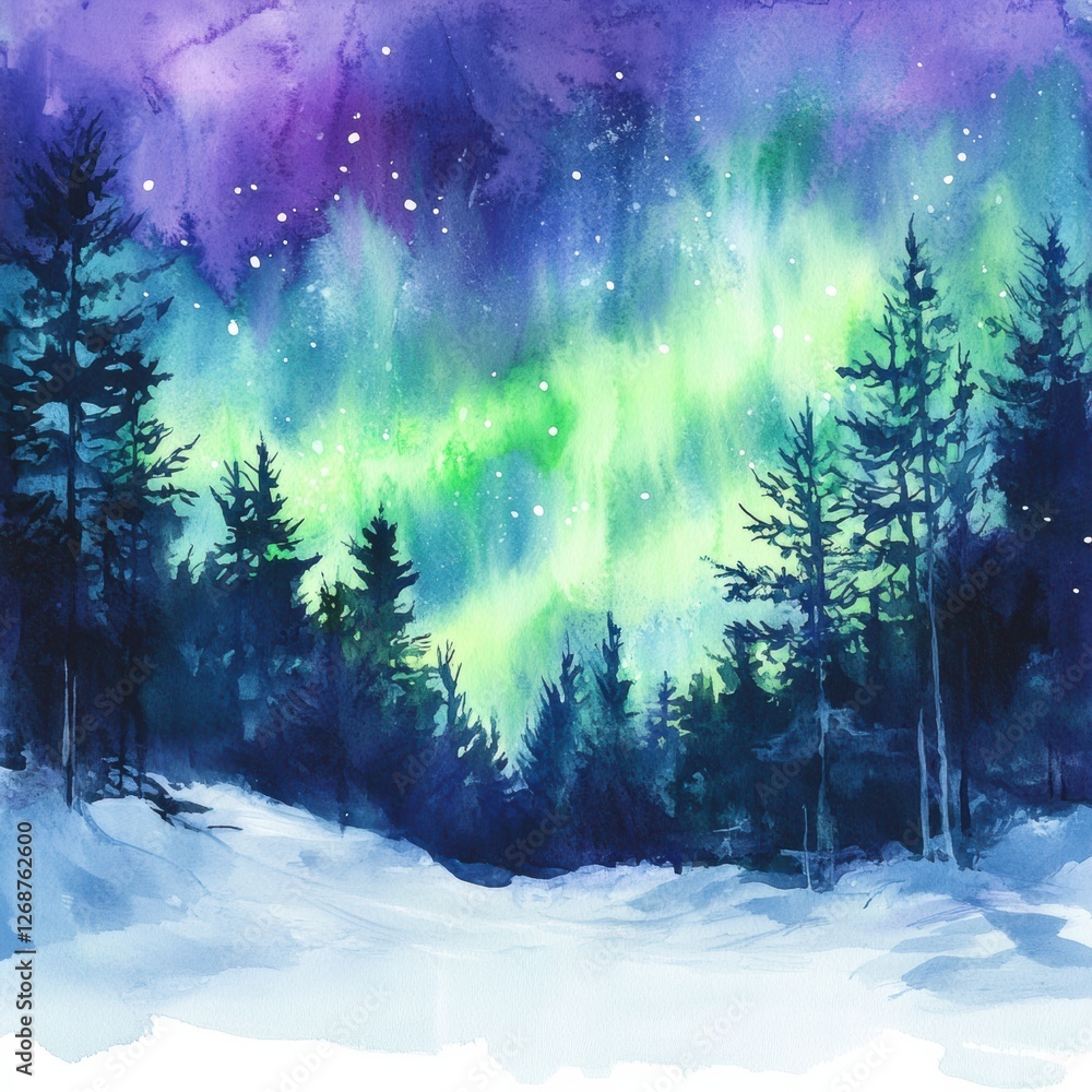 Poster mesmerizing northern lights illuminate a tranquil snowy forest in winter twilight. generative ai