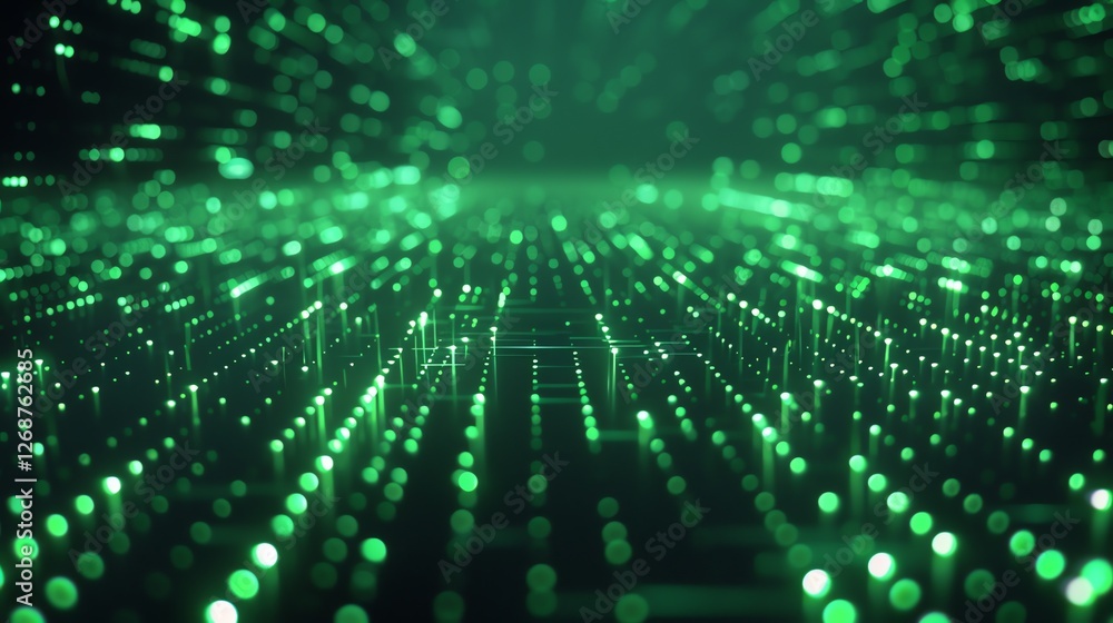 Poster abstract background of glowing green dots and lines. futuristic technology or science concept.