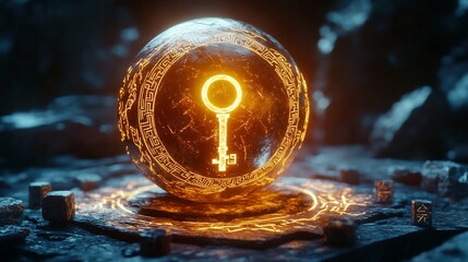 Mystical Orb with Key Symbol, Ancient Rune Magic, and Glowing Light