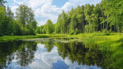 Surreal Nature Scene with Reflections in a Tranquil Forest Landscape