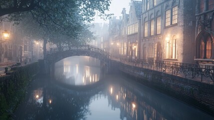 Surreal Twilight Photograph of a Misty Canal with Bridge and Reflection