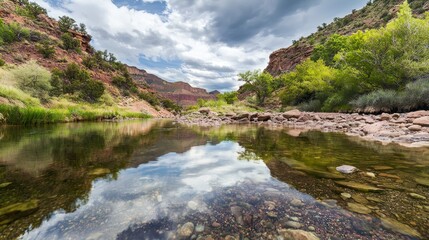 Serene Mountain Stream Reflecting Cloudy Sky and Lush Greenery