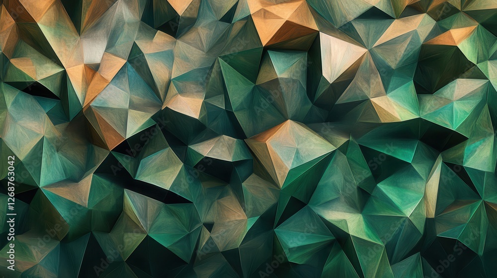 Poster intricate low-poly pattern in deep forest green tones highlighting geometric shapes and textures