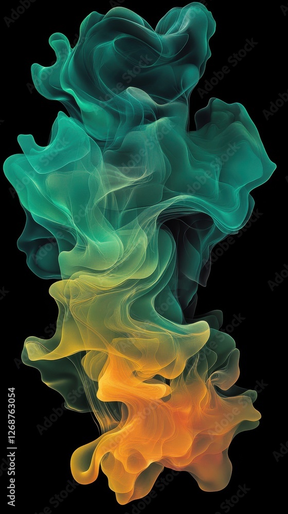 Aufkleber fluid shapes display vibrant emerald green and orange hues merging and swirling against a dark backd
