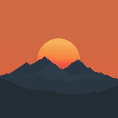Fototapeta premium Minimalist landscape features mountains silhouetted against a sunset sky